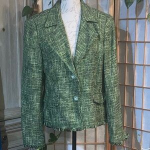 Green Woven Boucle Style Raw Hem Blazer Jacket Decorative Buttons by Tribal 12